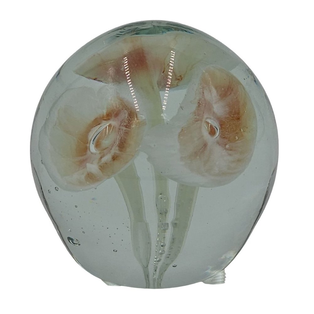Handblown Art Glass Round Paperweight Lily Flower 22.5 oz white orange mushroom - Picture 2 of 8